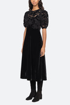 Velvet Puff Sleeve Embroidered Midi Dress In Black Flowering Girl