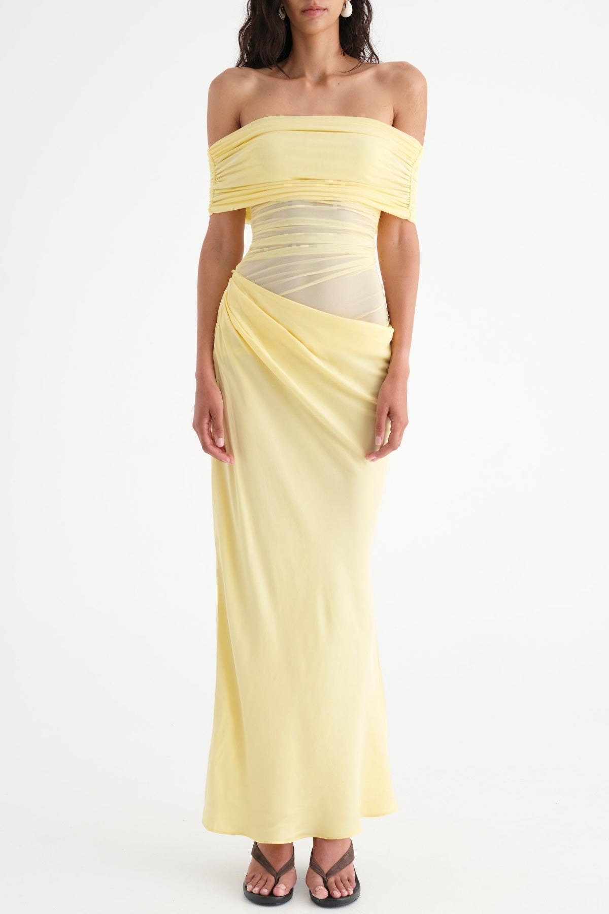 Reanko Off Shoulder Ruched Mesh Maxi Dress - Yellow Flowering Girl
