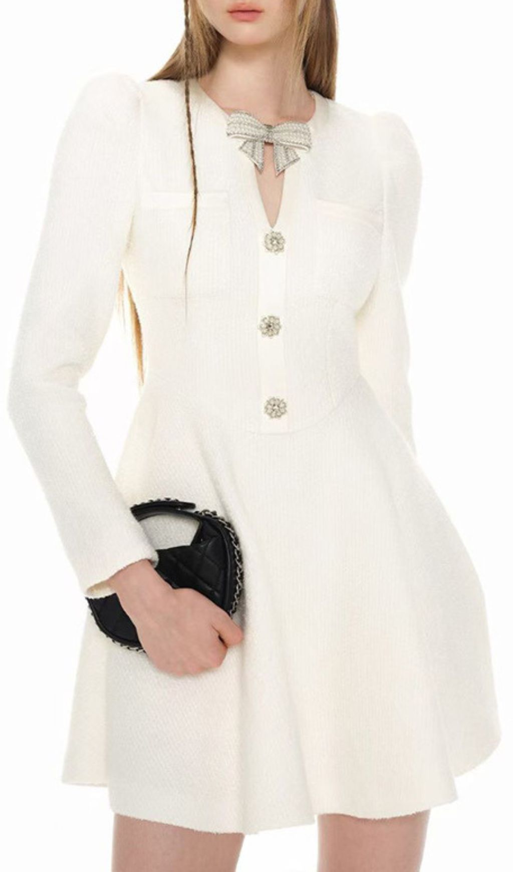 Italia White Bow Long Sleeve Mini Dress Flowering Girl