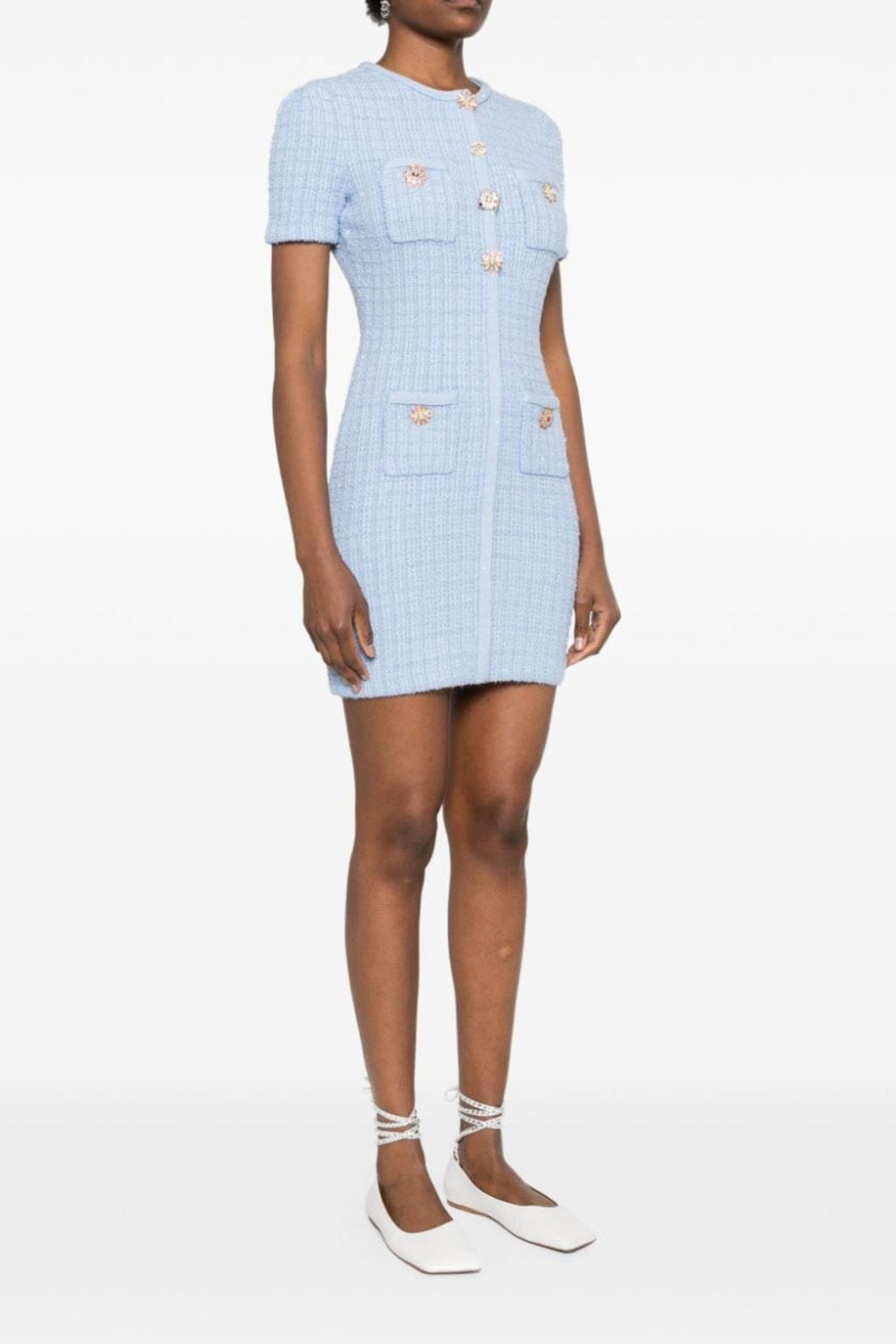 Modesty Beaded Button Knit Mini Dress In Blue Flowering Girl