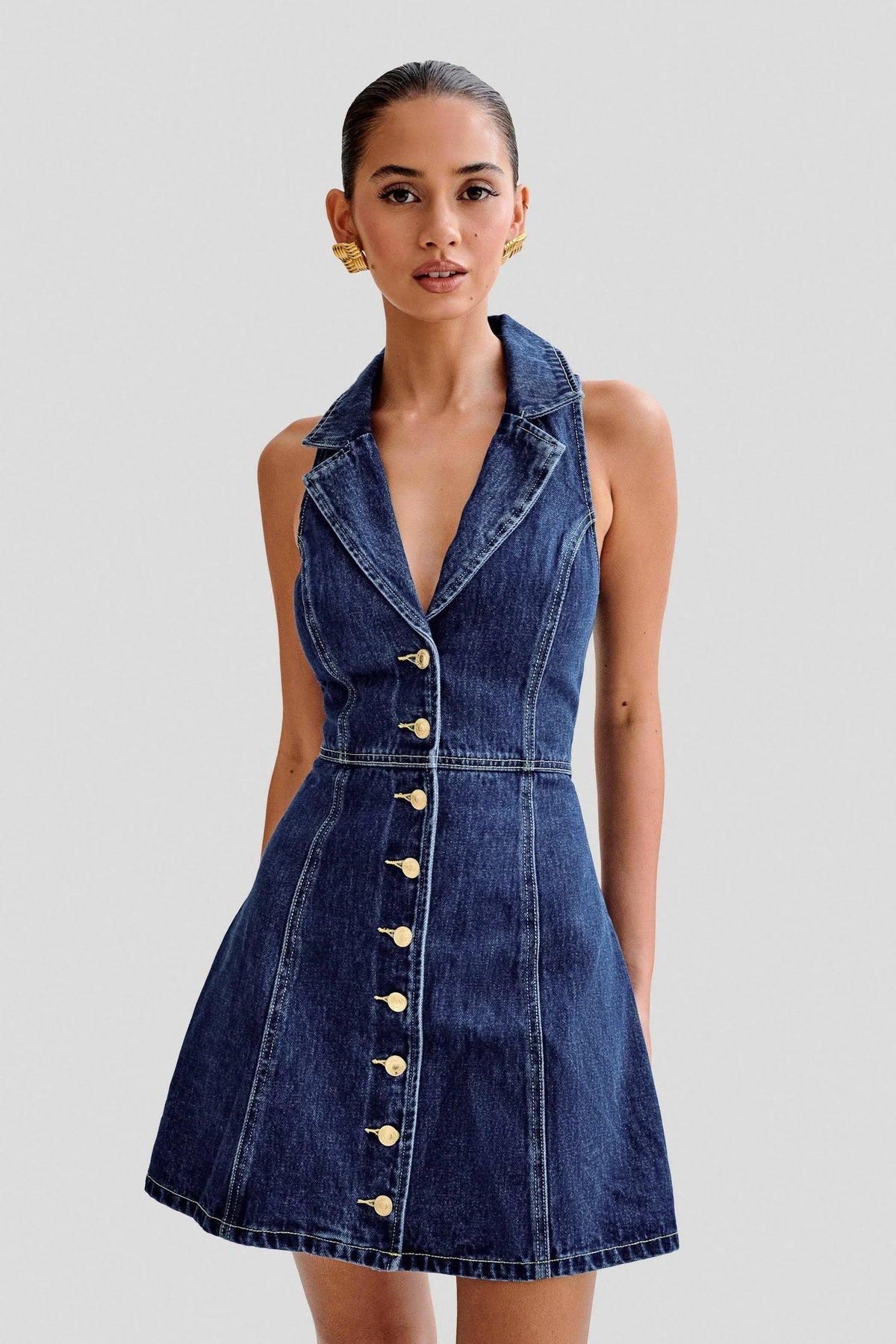 Eartha Collared Denim Mini Dress - Dark Blue Flowering Girl