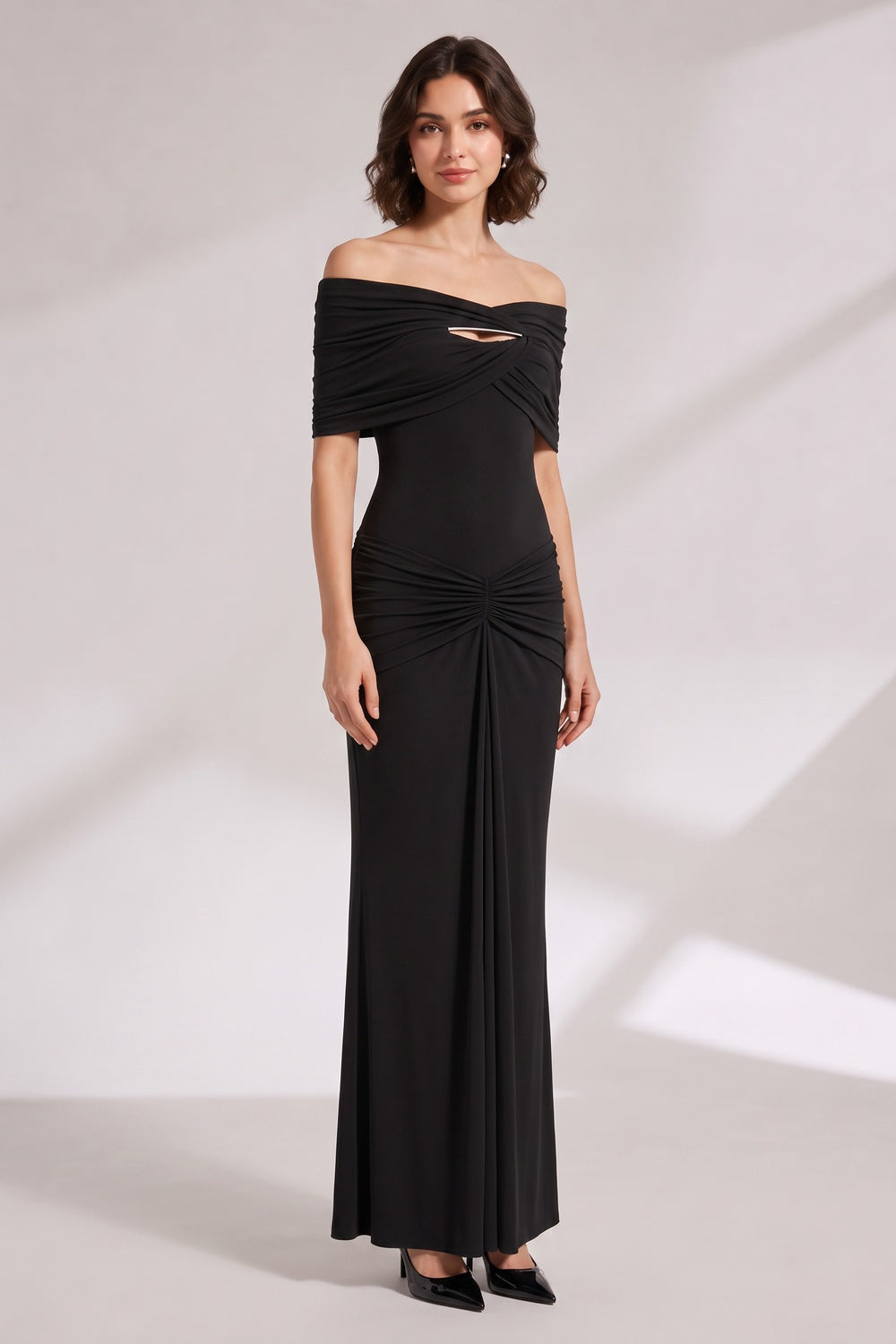 Off‑Shoulder Ruched Black Maxi Evening Gown Flowering Girl