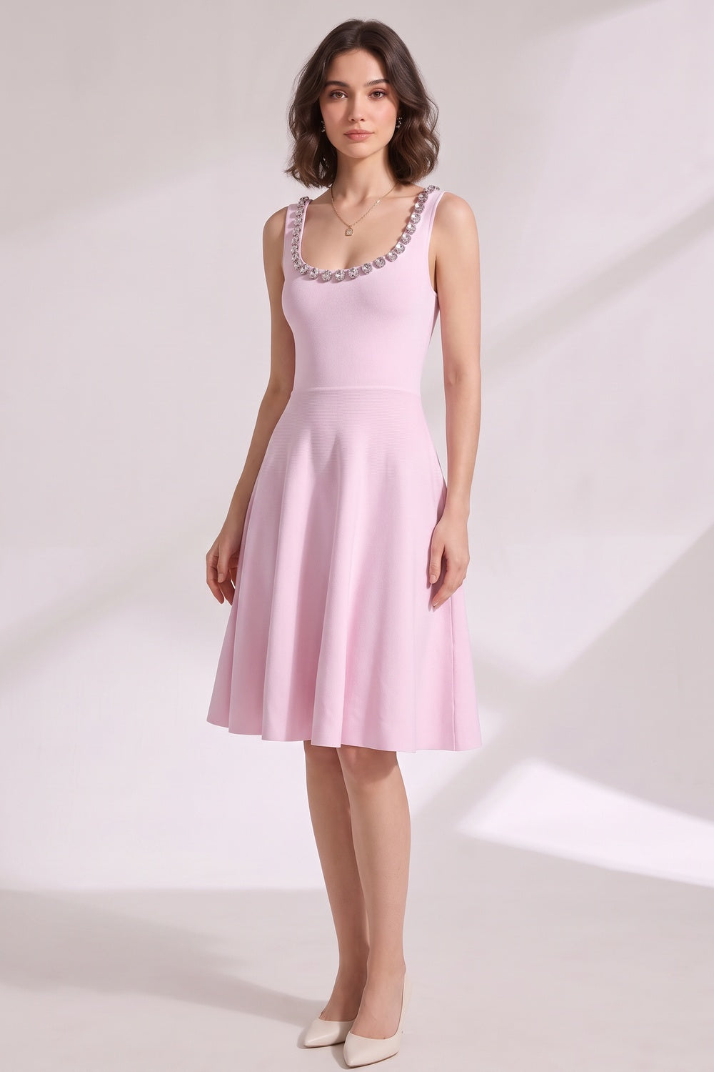 Light Pink Heavy Stretch Knit Fit-And-Flare Dress Flowering Girl