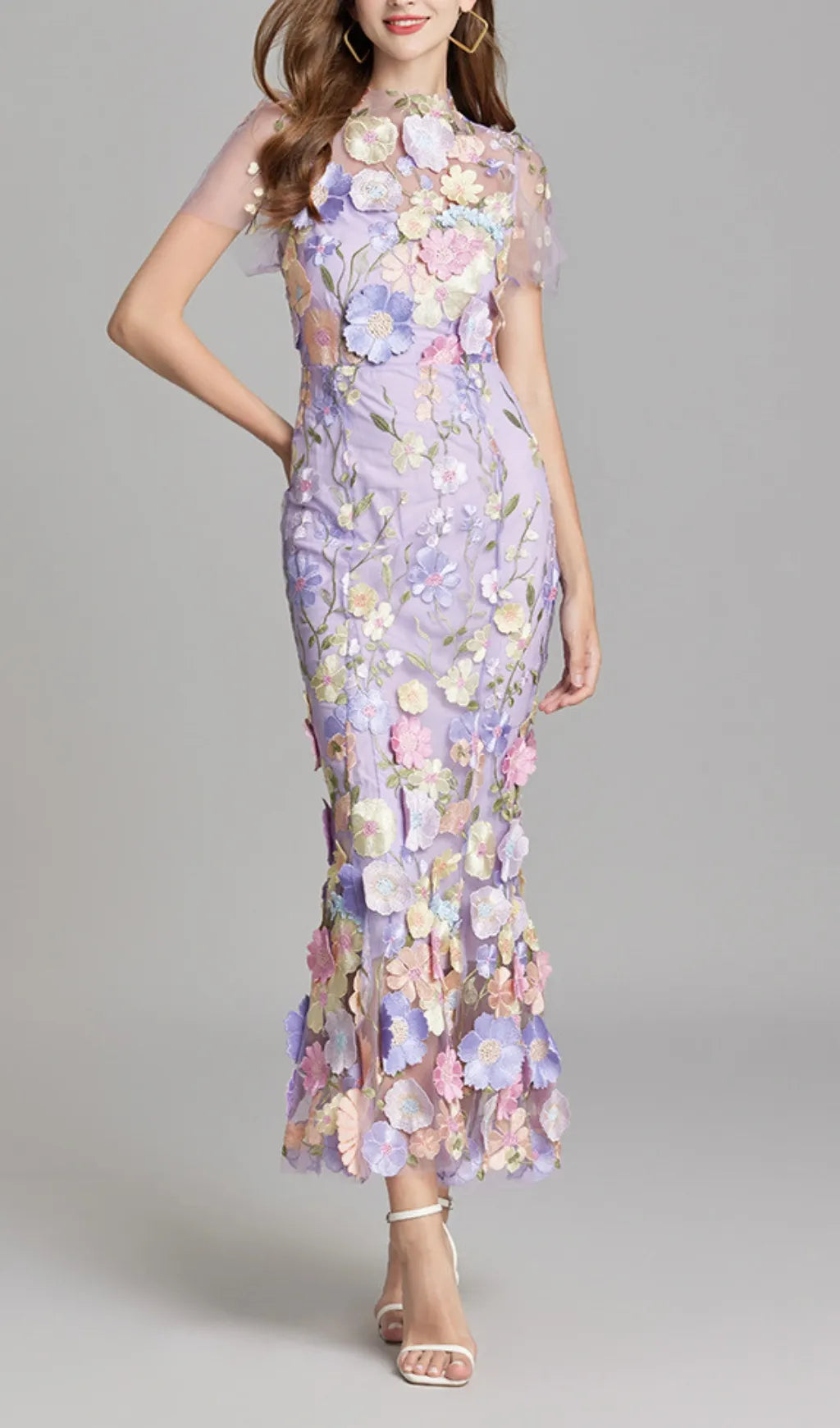 Carol Purple Floral Embroidery Mesh Fishtail Midi Dress Flowering Girl