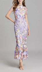 Carol Purple Floral Embroidery Mesh Fishtail Midi Dress Flowering Girl