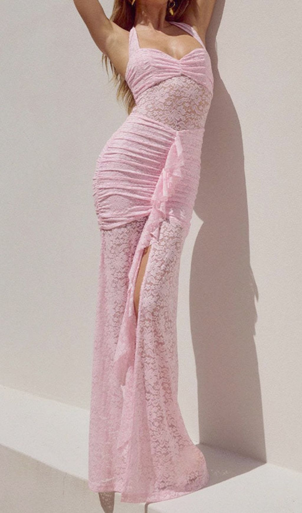 Fusayo Pink Halter Ruched Lace Maxi Dress Flowering Girl