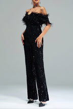 Off-Shoulder Sequin Jumpsuit In Black Flowering Girl