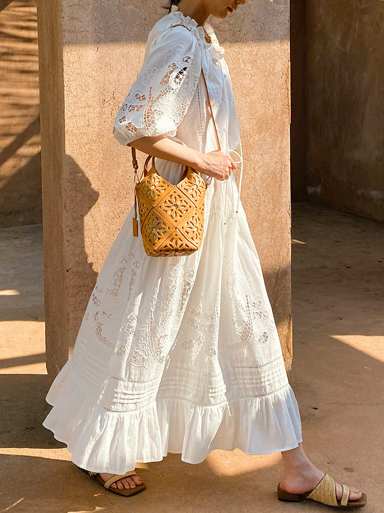 White Eyelet Lace Tiered Maxi Dress With Puff Sleeves Flowering Girl