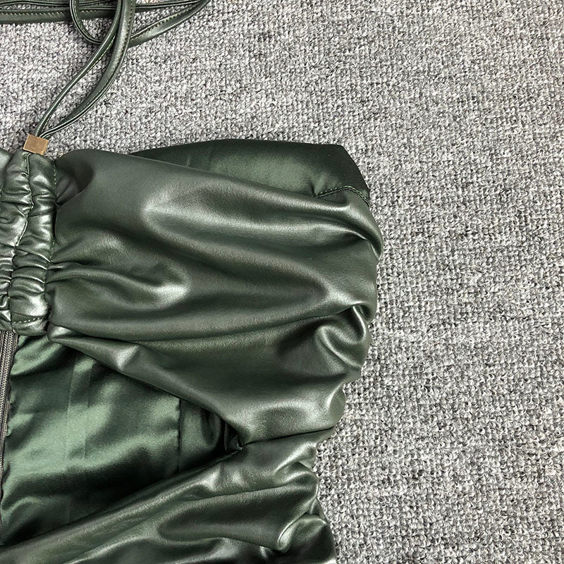 Green Backpack-Baring Butt Pleated Dress Flowering Girl