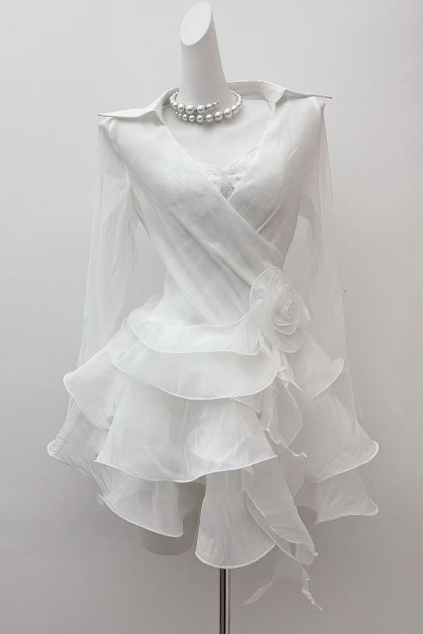 Flower Ruffle Ribbon Mini Dress In White Flowering Girl