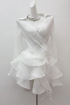Flower Ruffle Ribbon Mini Dress In White Flowering Girl