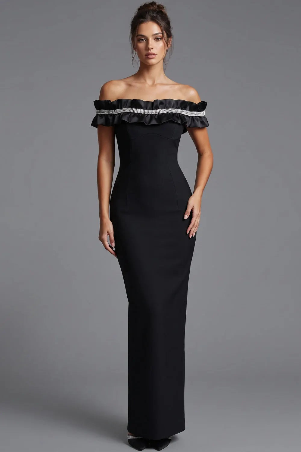 Black Structured Crepe Column Gown with Rhinestone Ruffle Flowering Girl