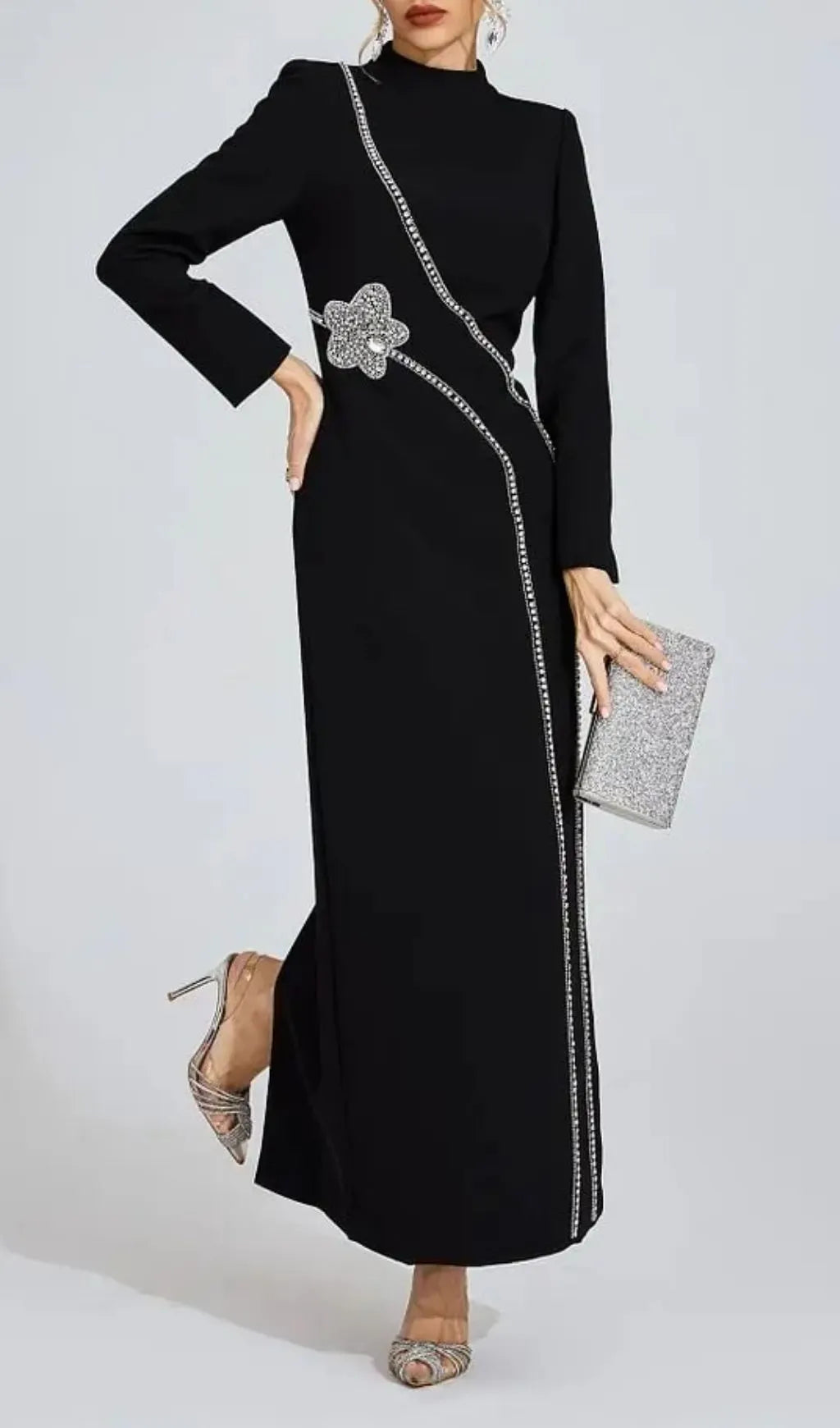 Nicola Diamond Embellished Long Sleeve Maxi Dress - Black Flowering Girl
