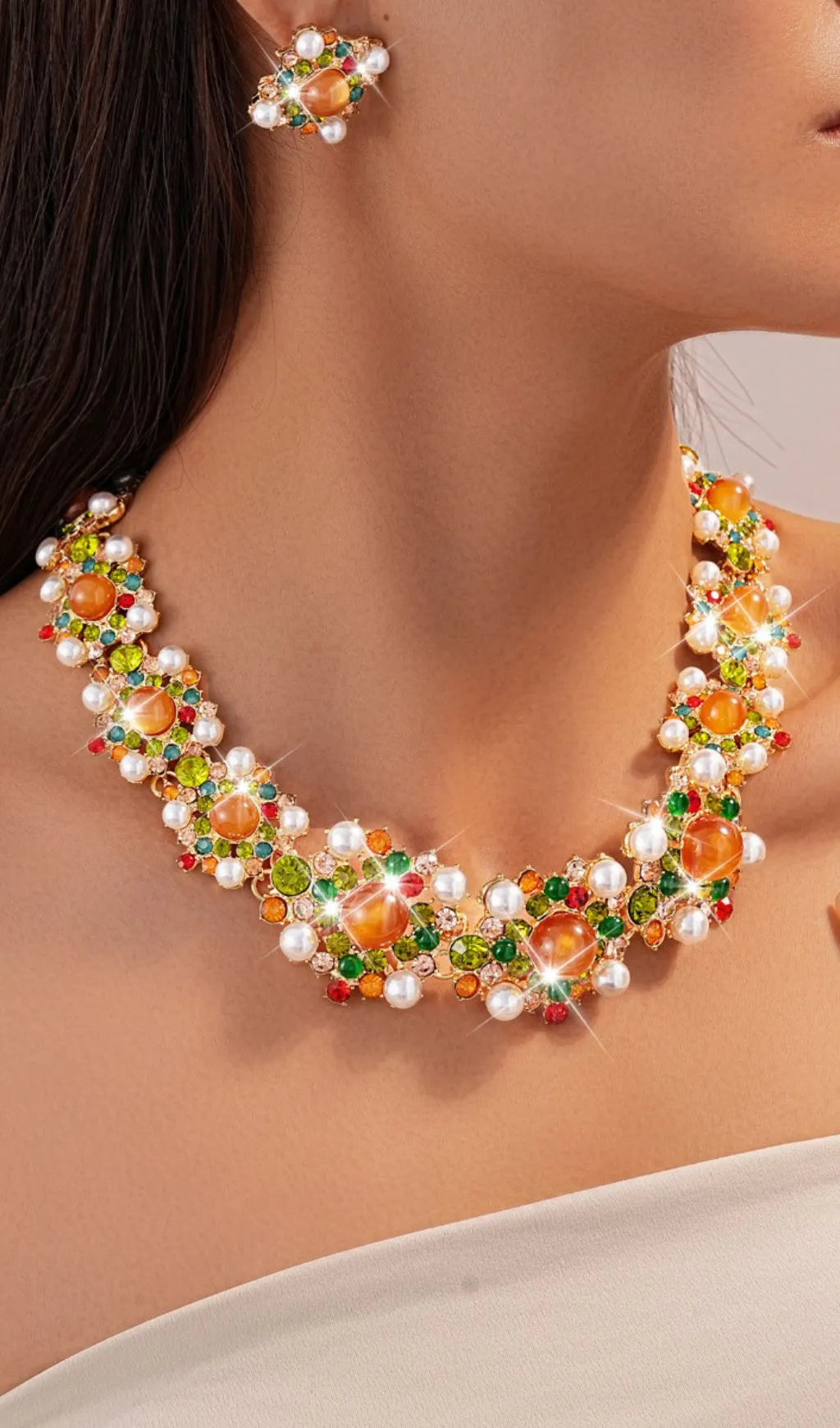 Kagami Diamante Earrings & Necklace Set Flowering Girl