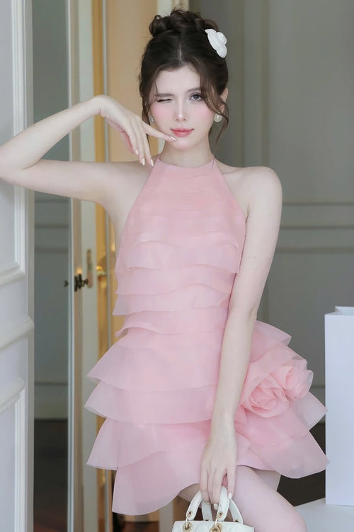 3d Flower Halter Ruffle Layer Mini Dress In Pink Flowering Girl