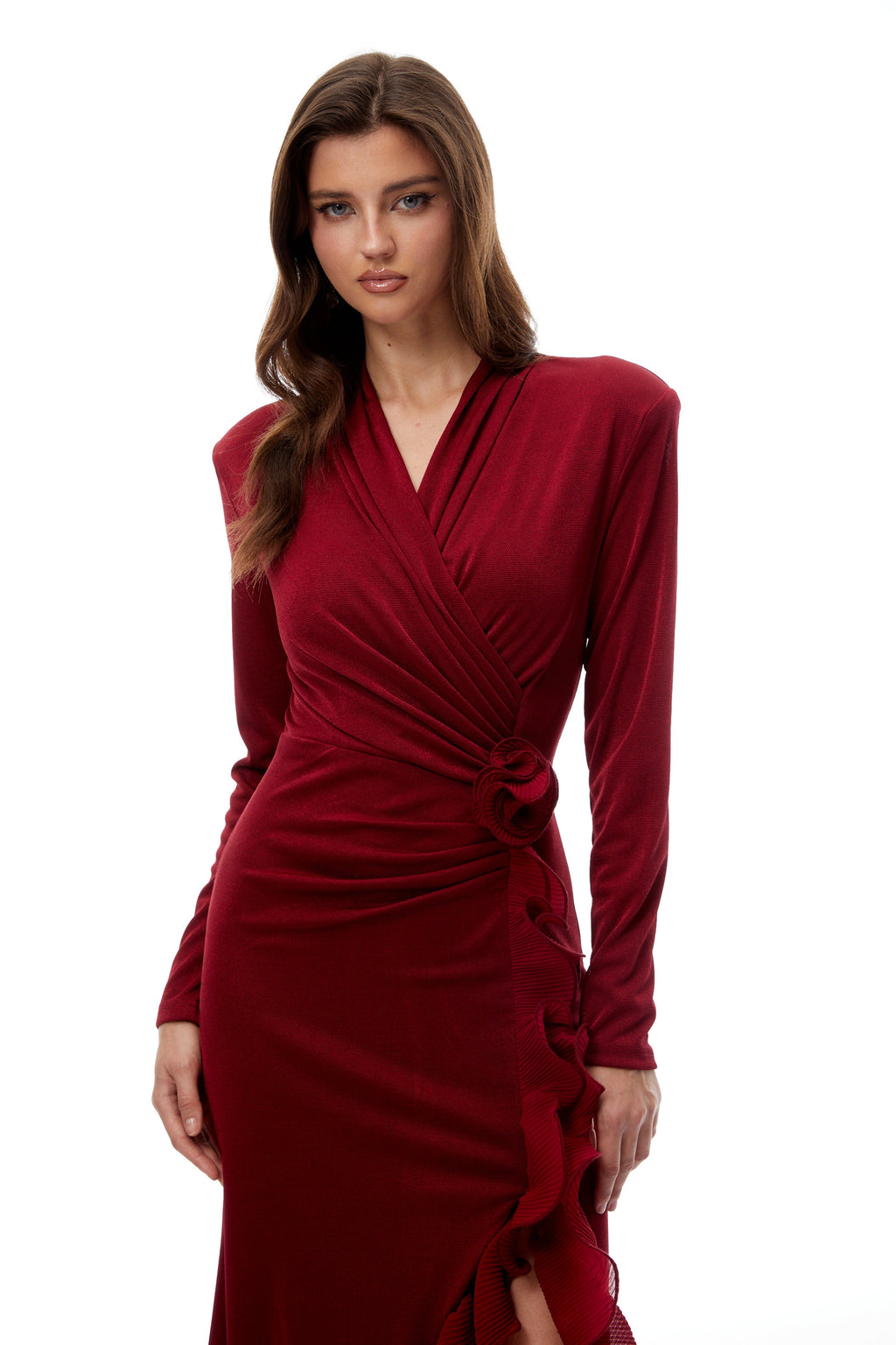 Joyce Red Ruffled Gathered High Slit Knit Midi Dress Flowering Girl