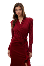 Joyce Red Ruffled Gathered High Slit Knit Midi Dress Flowering Girl