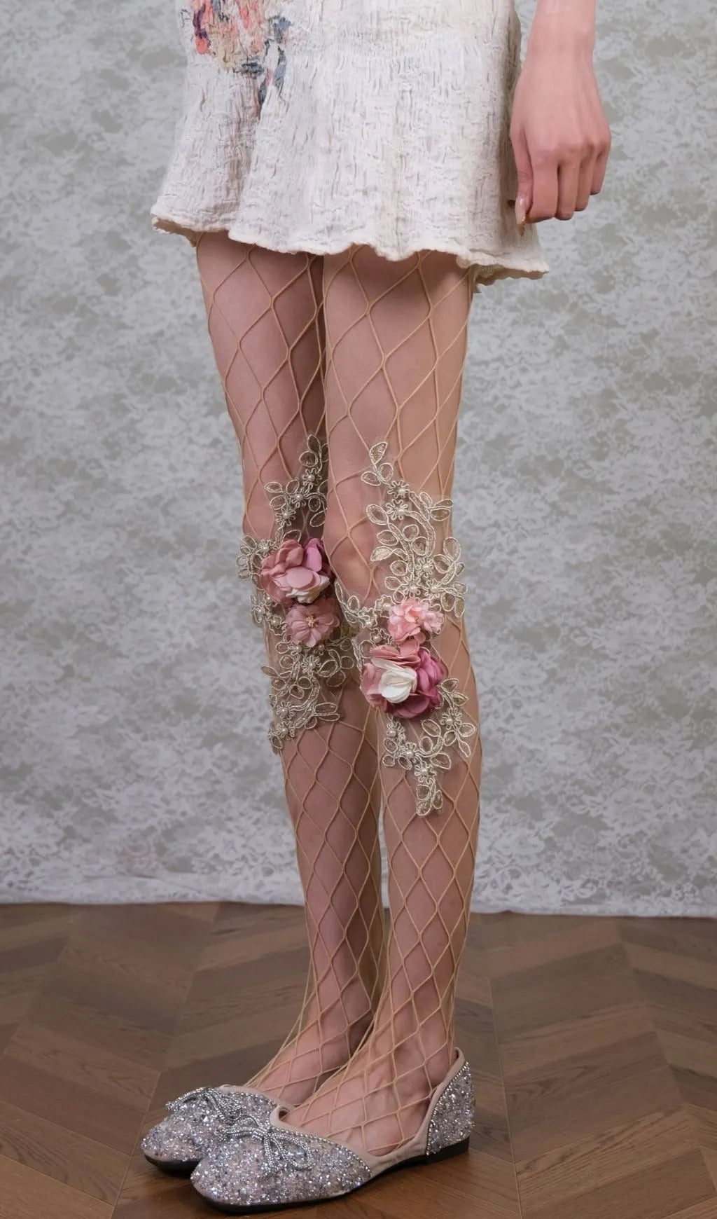 Floral Embroidered Tights With 3D Flowers & Pearls Flowering Girl