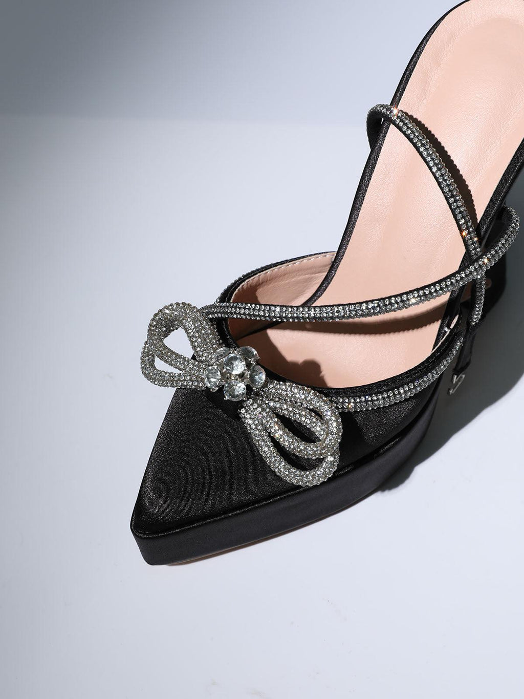 Bow Crystal Satin Heels In Black Flowering Girl
