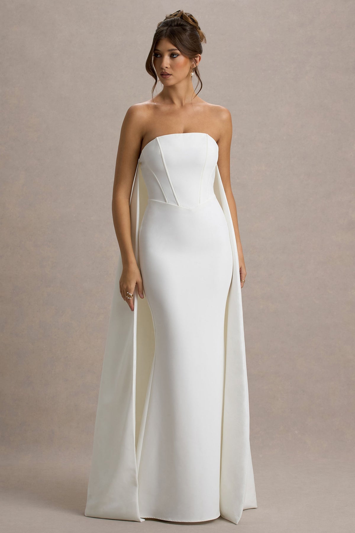 She's Trouble | White Bandeau Maxi Dress With Cape Flowering Girl