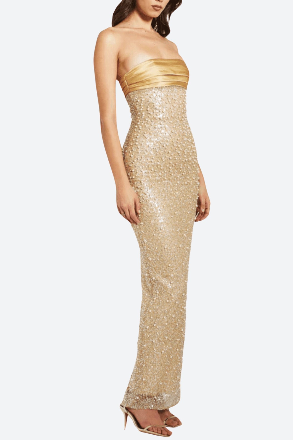 Gold Satin Sequin Pearls Beaded Maxi Dress Flowering Girl