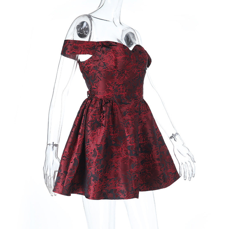Jacquard Slim Waist Strapless Puffy Mini Dress In Wine Red Flowering Girl