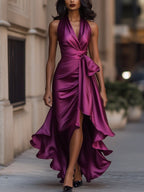 Midnight Elegance Satin Halter Ruffle Gown Flowering Girl