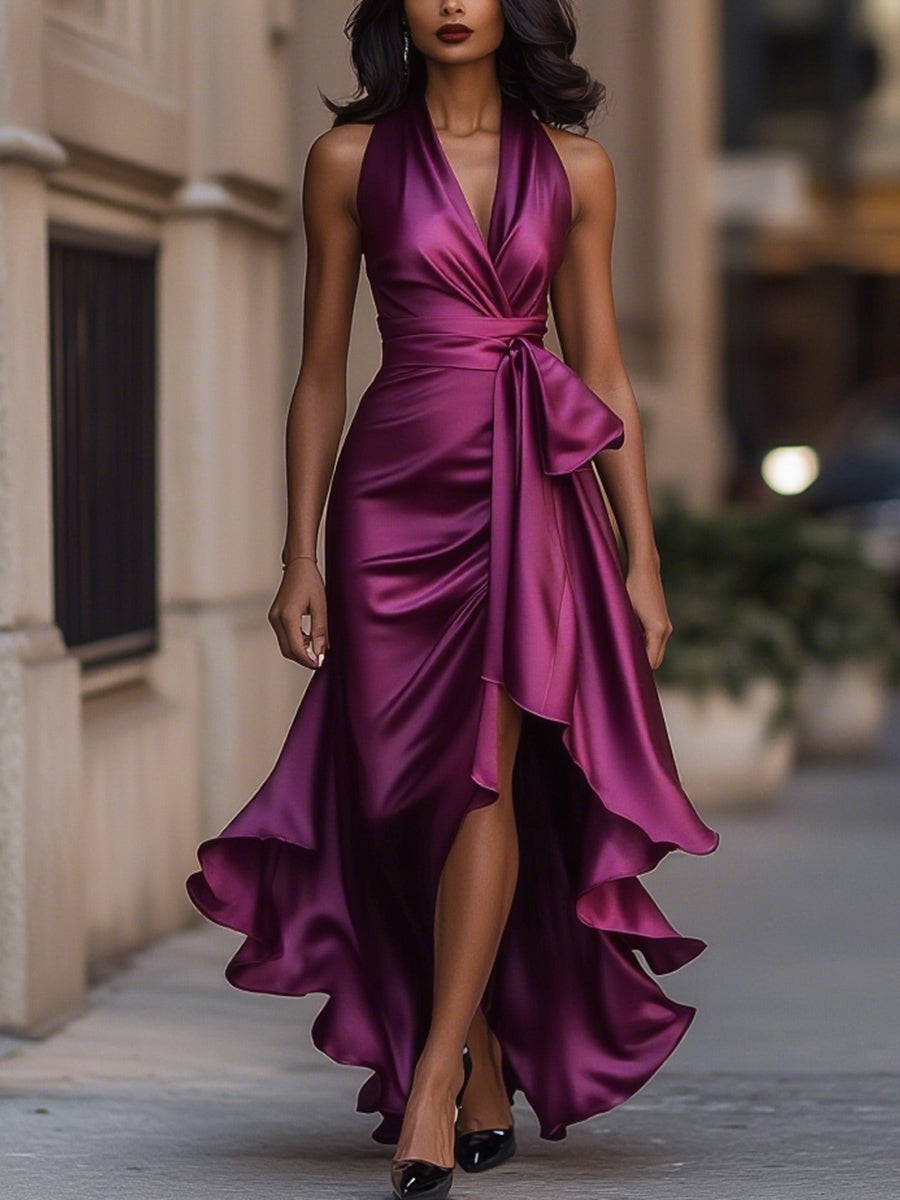 Midnight Elegance Satin Halter Ruffle Gown Flowering Girl