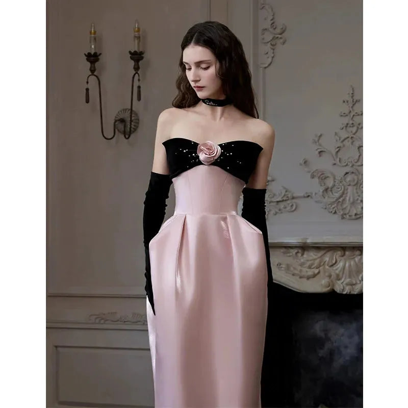 Satin Pink Flower Strapless Maxi Prom Dress Flowering Girl