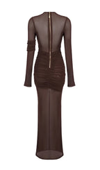 Long Sleeve Mesh Insert Draped Maxi Dress Flowering Girl