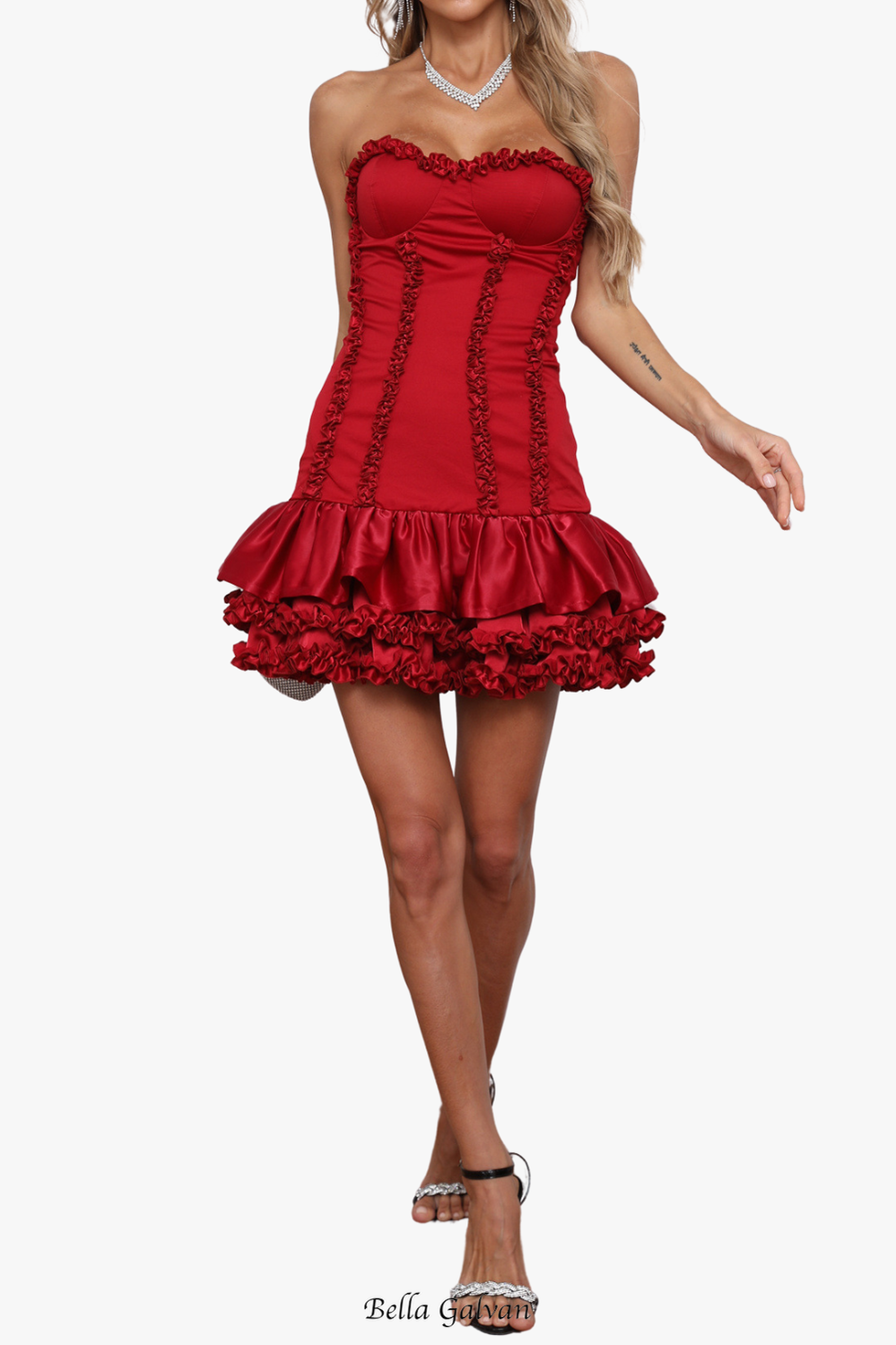 sally ruffle trim strapless mini dress in red Flowering Girl