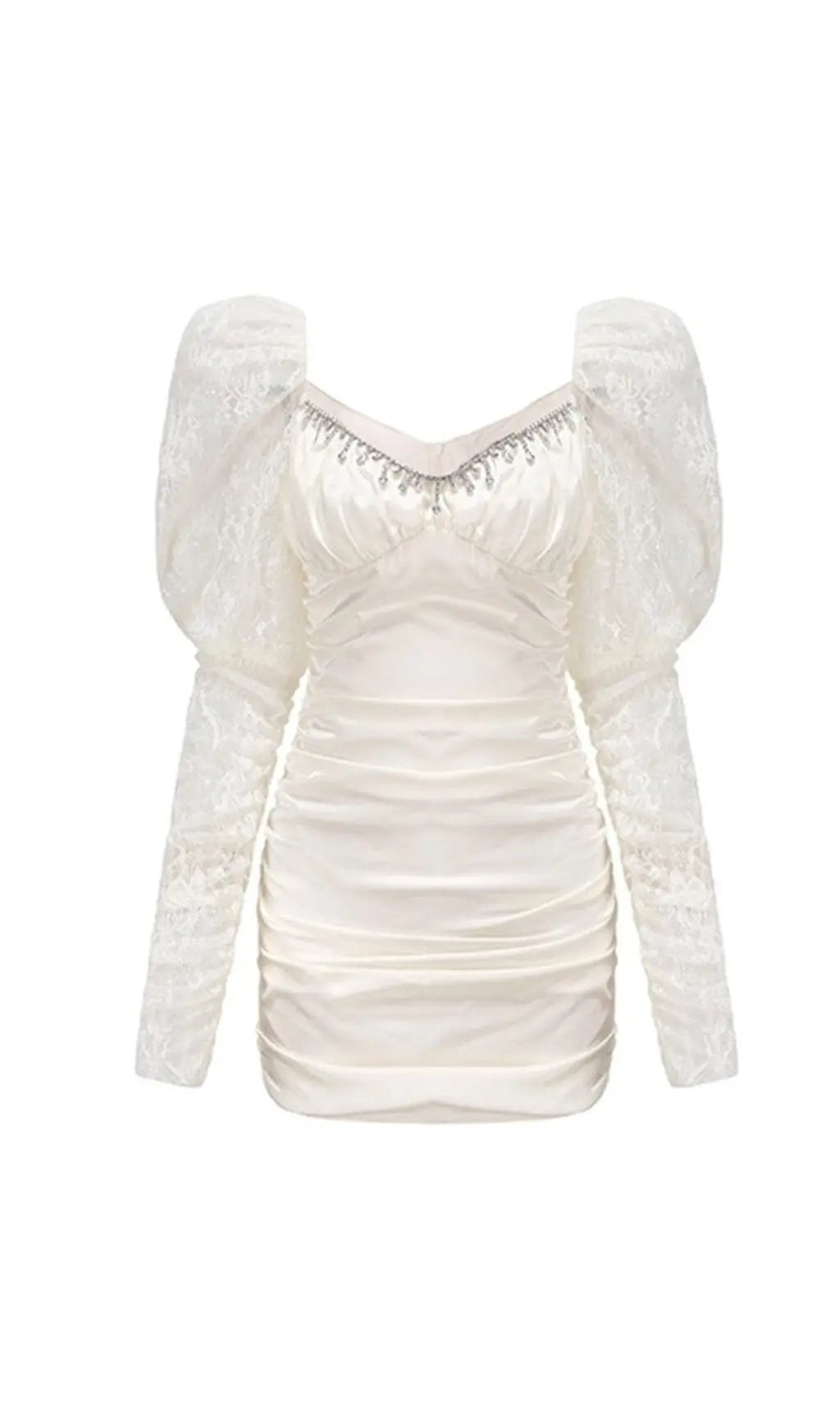 Pleated Dress With Lace Puffed Sleeves In White Flowering Girl