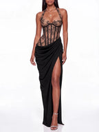 Fujiye Halterneck Lace Corset Split Dress In Black Flowering Girl