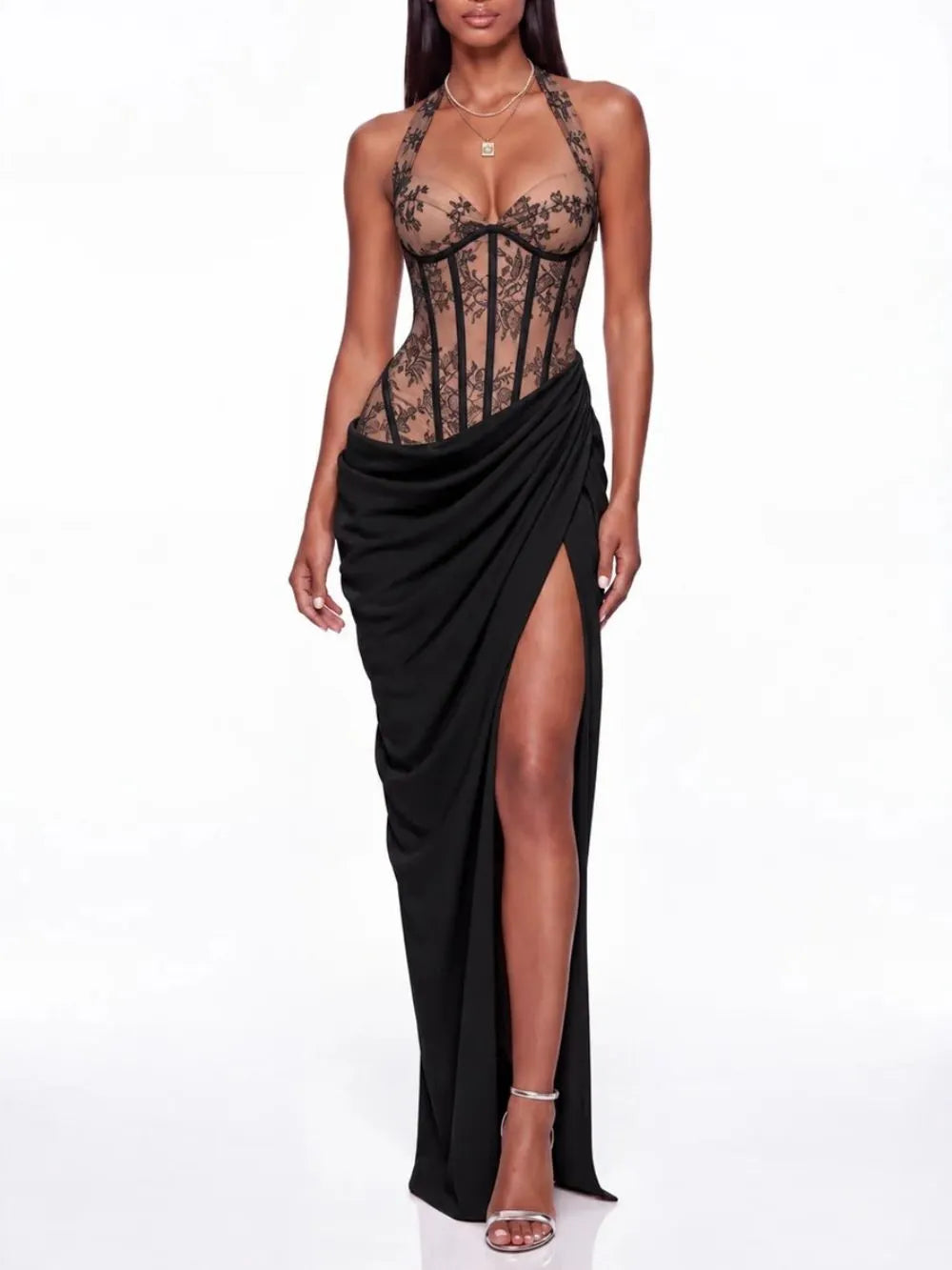 Fujiye Halterneck Lace Corset Split Dress In Black Flowering Girl
