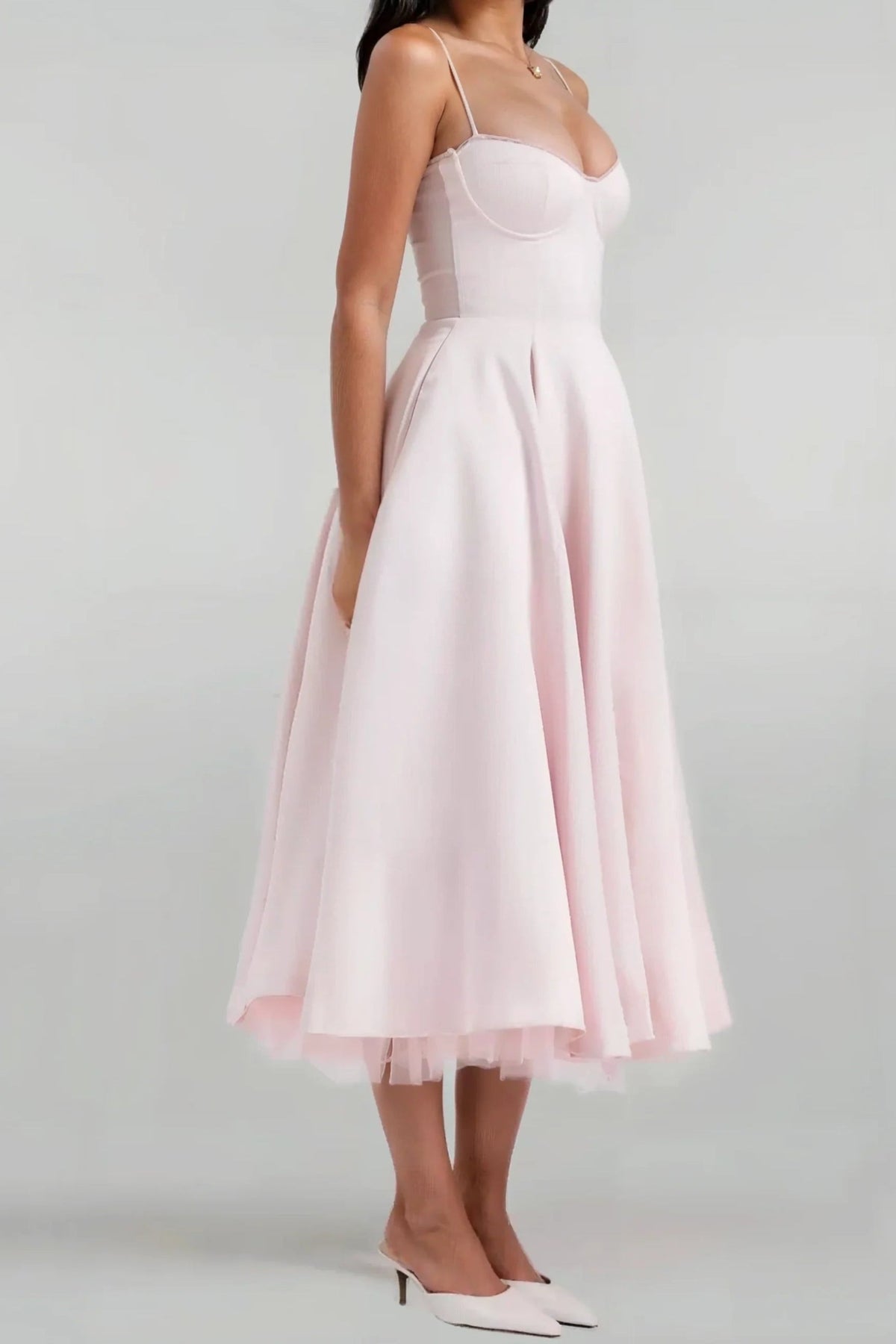 Satin Corset Tulle Layered A-Line Midi Dress - Baby Pink Flowering Girl