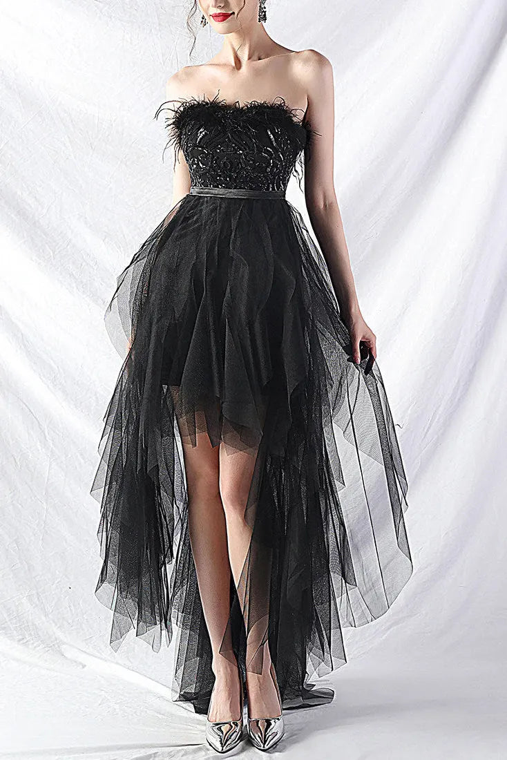 Strapless Feather Tulle Midi Dress Flowering Girl