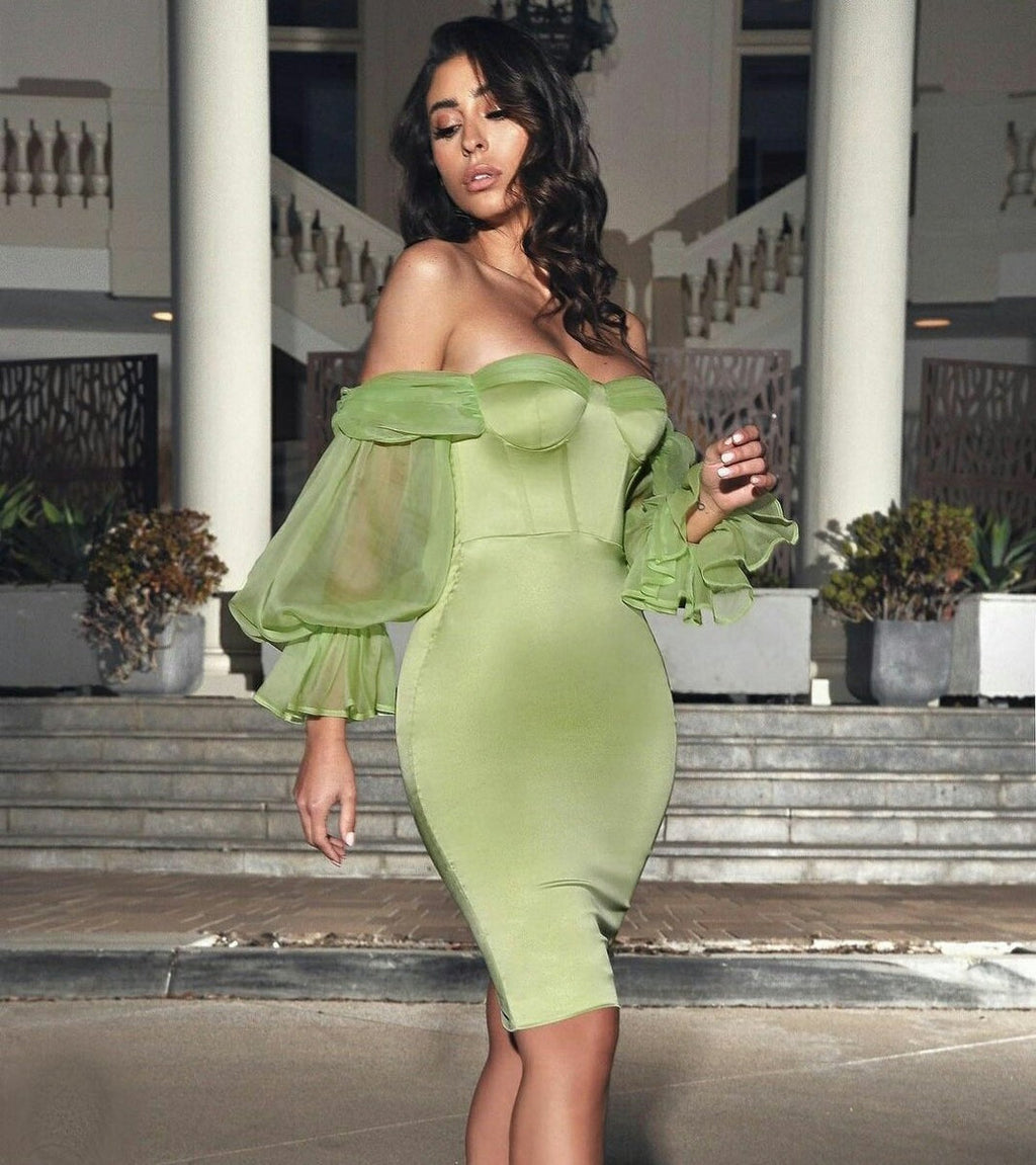 Satin Strapless Puff Sleeve Mini Dress In Mint Flowering Girl
