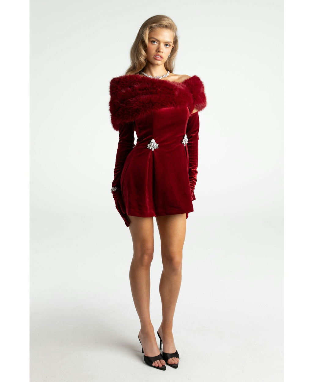 Daphne Long Sleeve Fur Velvet Mini Dress In Red Flowering Girl