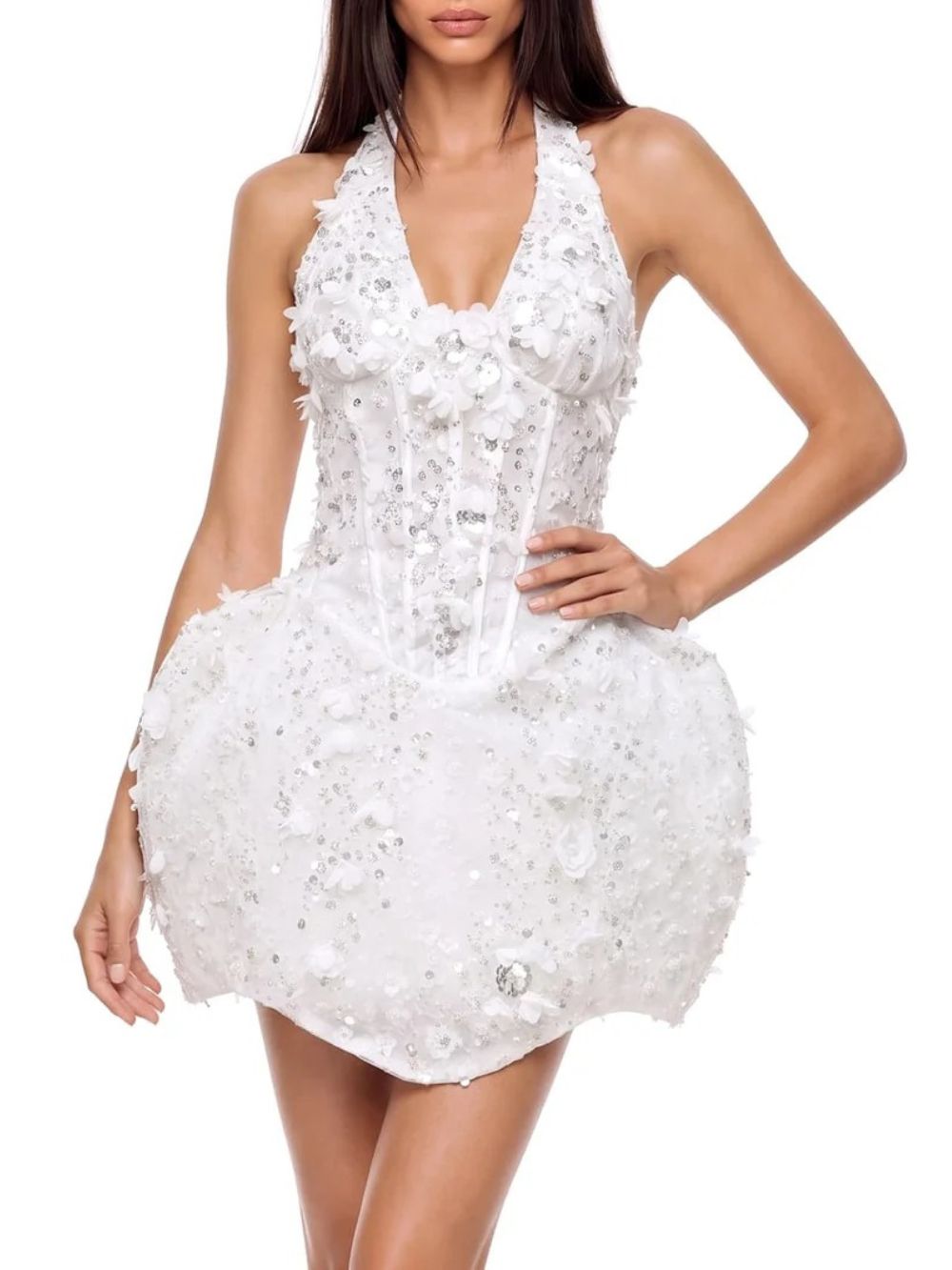 Eltarek Halterneck Sequin Mini Dress In White Flowering Girl