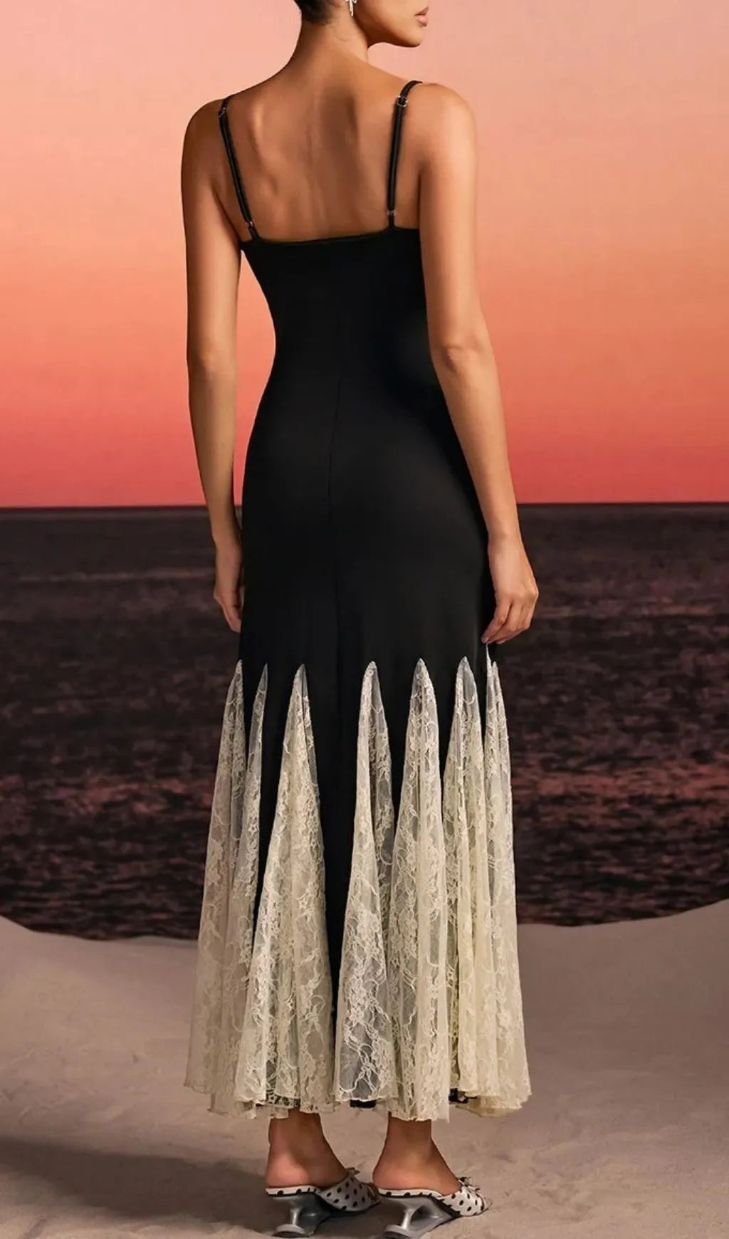 Farsel Spaghetti Lace Flared Maxi Dress Flowering Girl