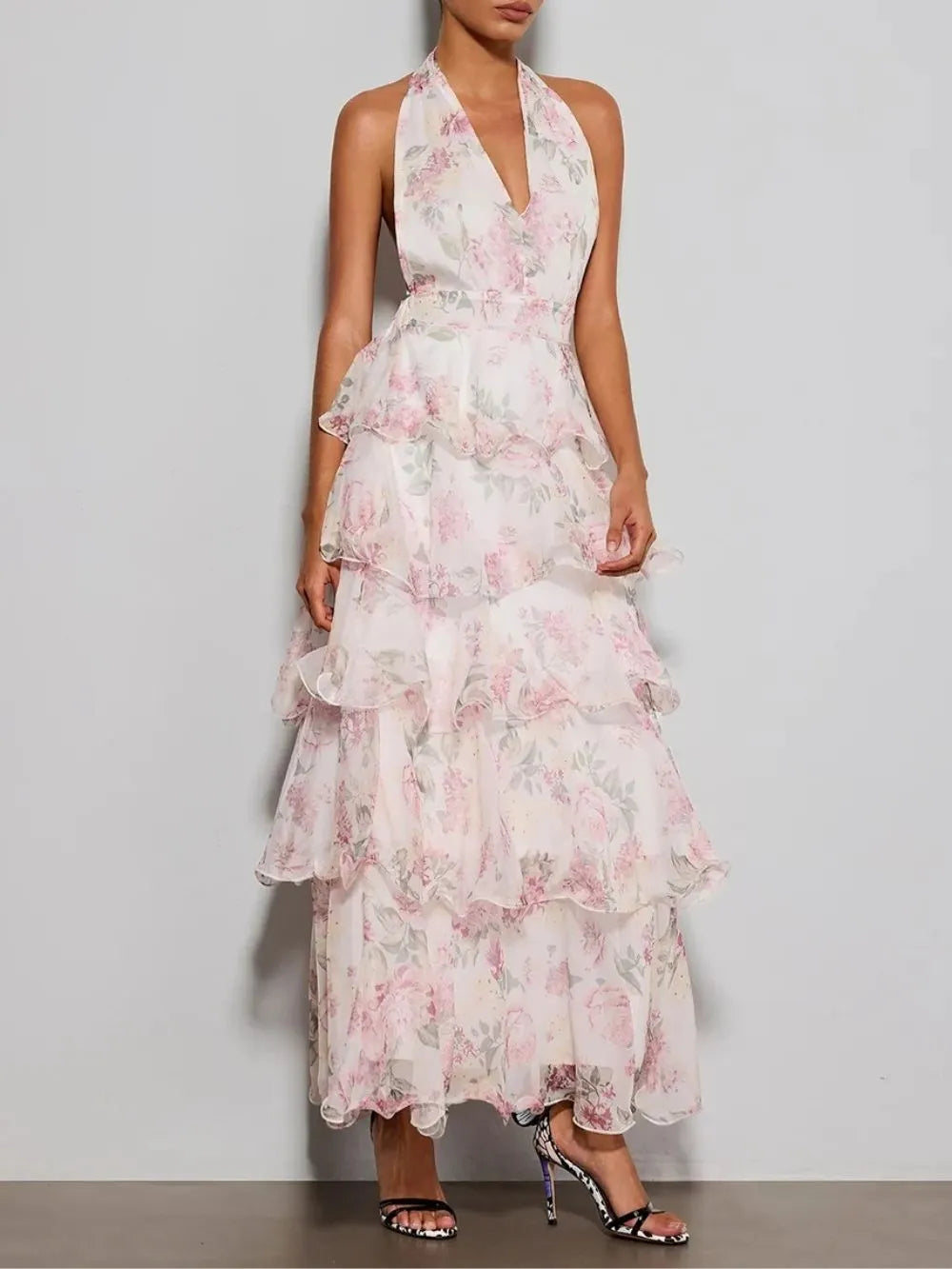 Errin Halterneck Ruffle Tiered Floral Maxi Dress Flowering Girl