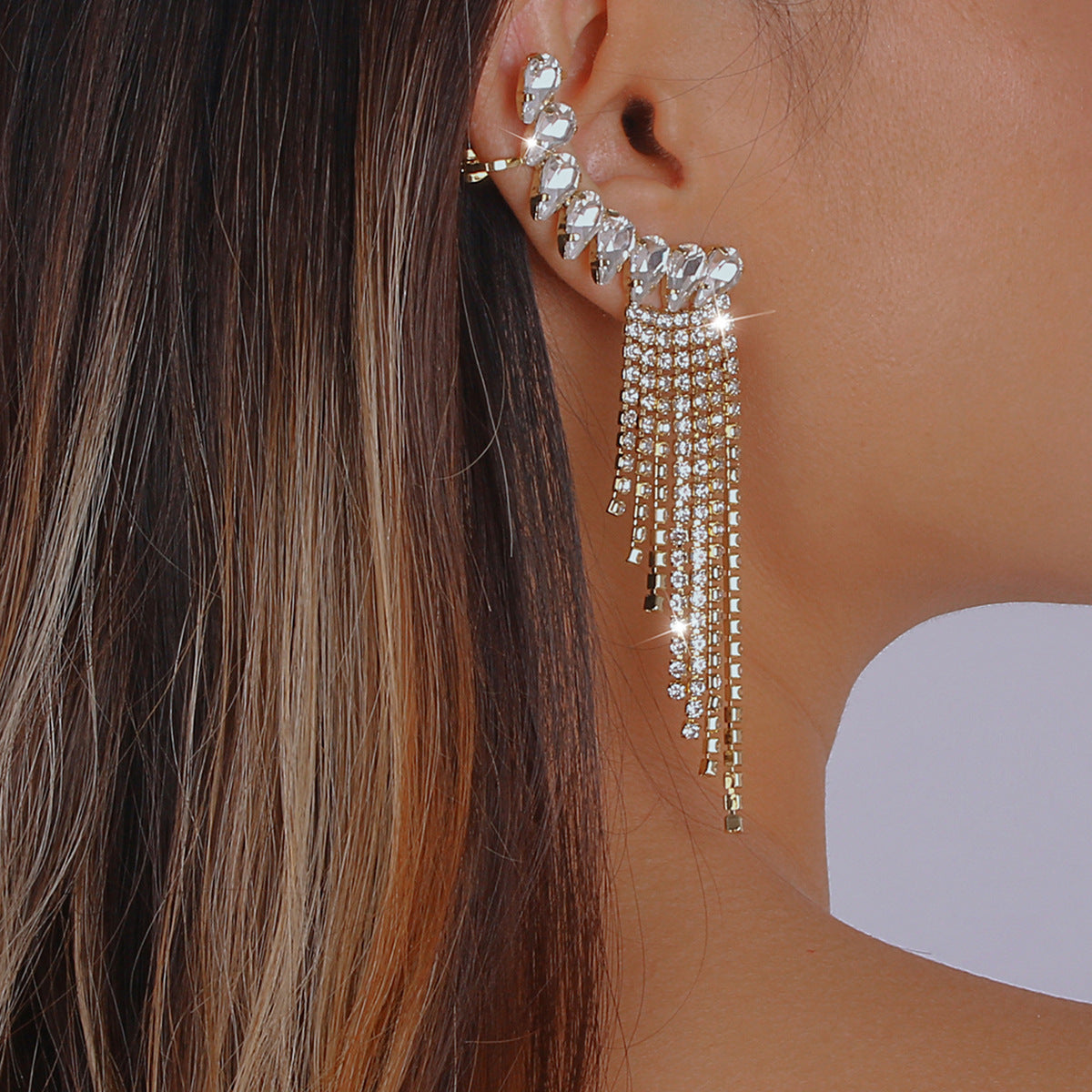 Gold Rhinestone Tassel Geometric Earrings Flowering Girl