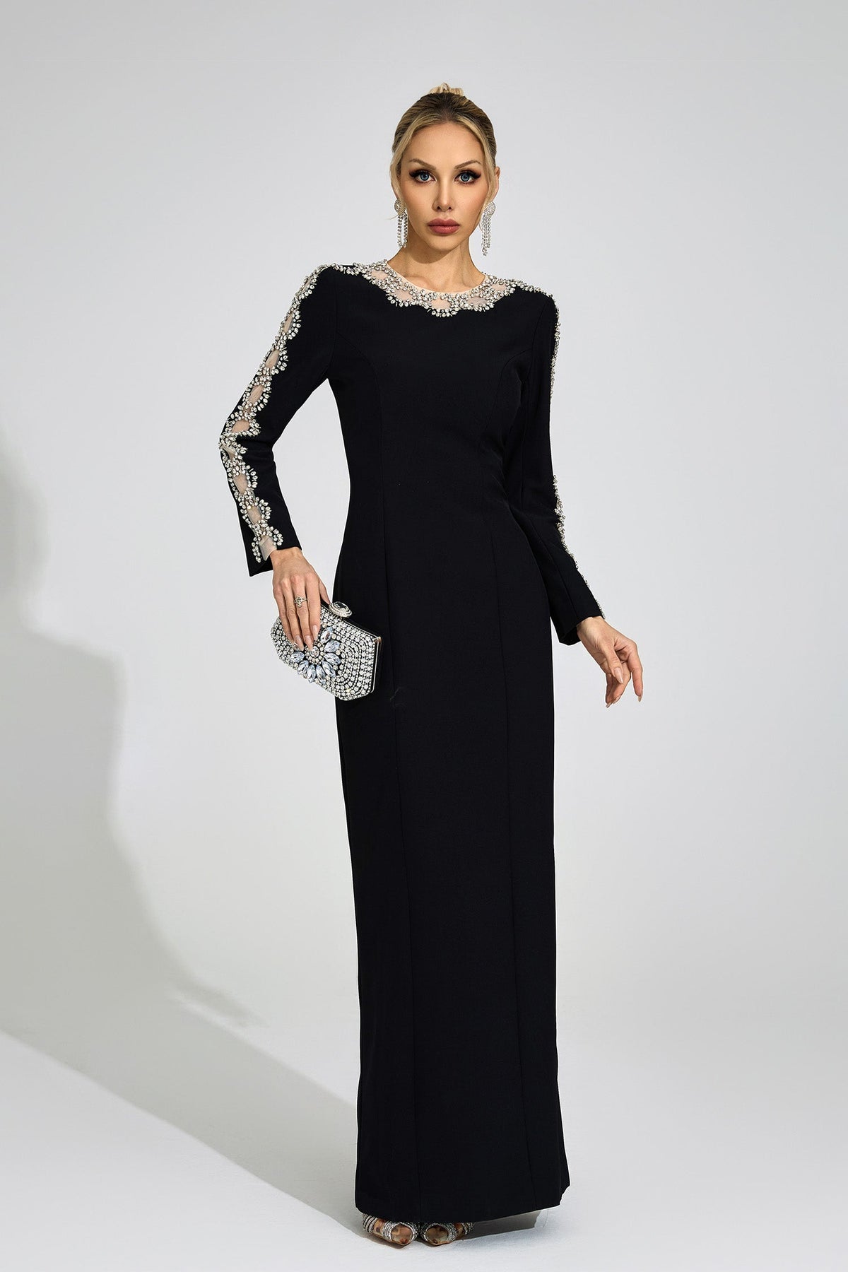 Tiffany Rhinestone Embellished Cutout Maxi Dress - Black Flowering Girl