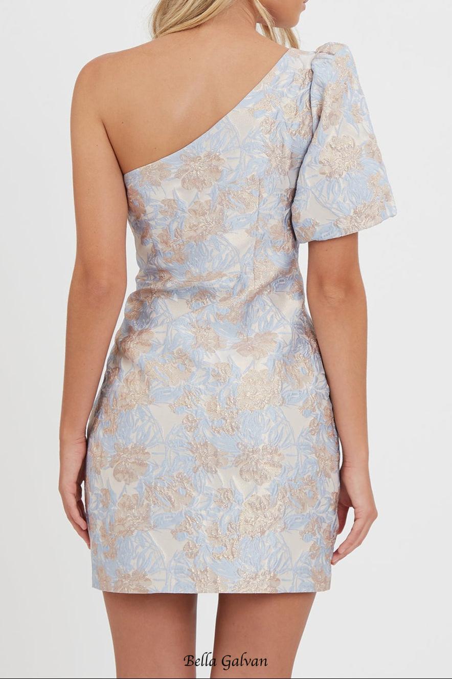 one-shoulder jacquard mini dress in blue-multi Flowering Girl