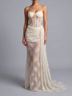 Strapless Draped Lace Bustier Maxi Dress Flowering Girl