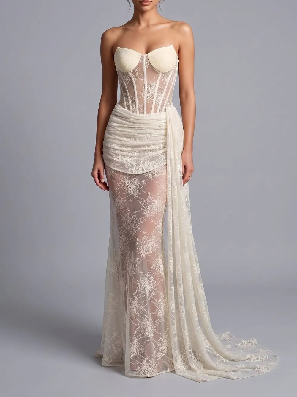 Strapless Draped Lace Bustier Maxi Dress Flowering Girl