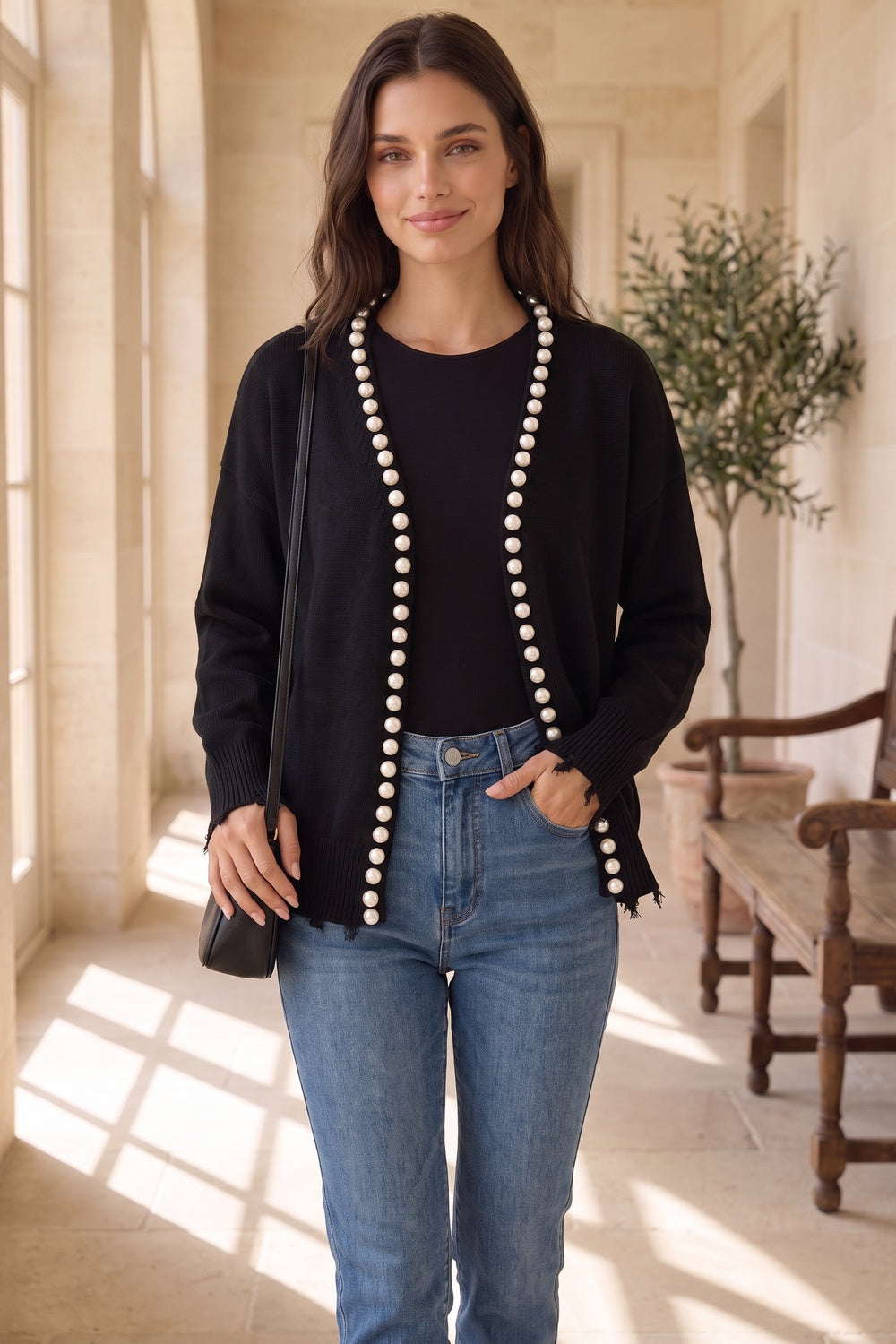 Black Knit Cardigan with Pearl Trim and Frayed Details Flowering Girl