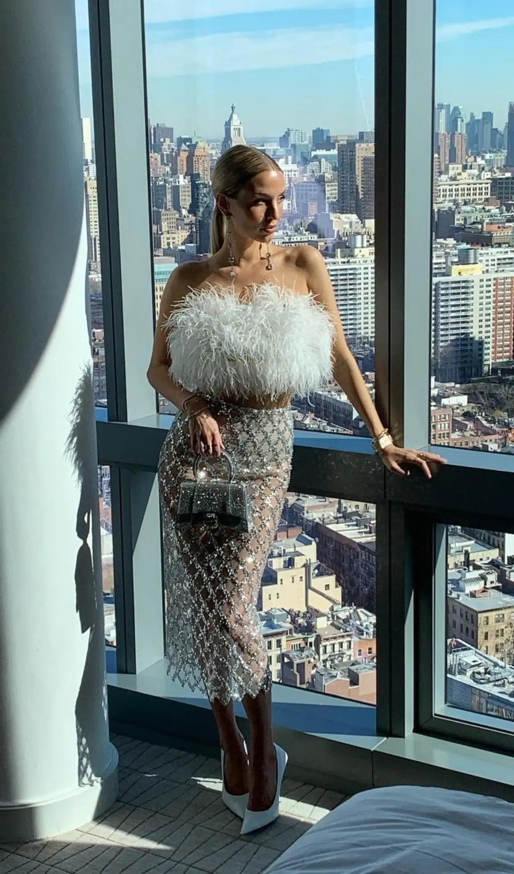 Feather Sequin Two Piece Set In White Flowering Girl