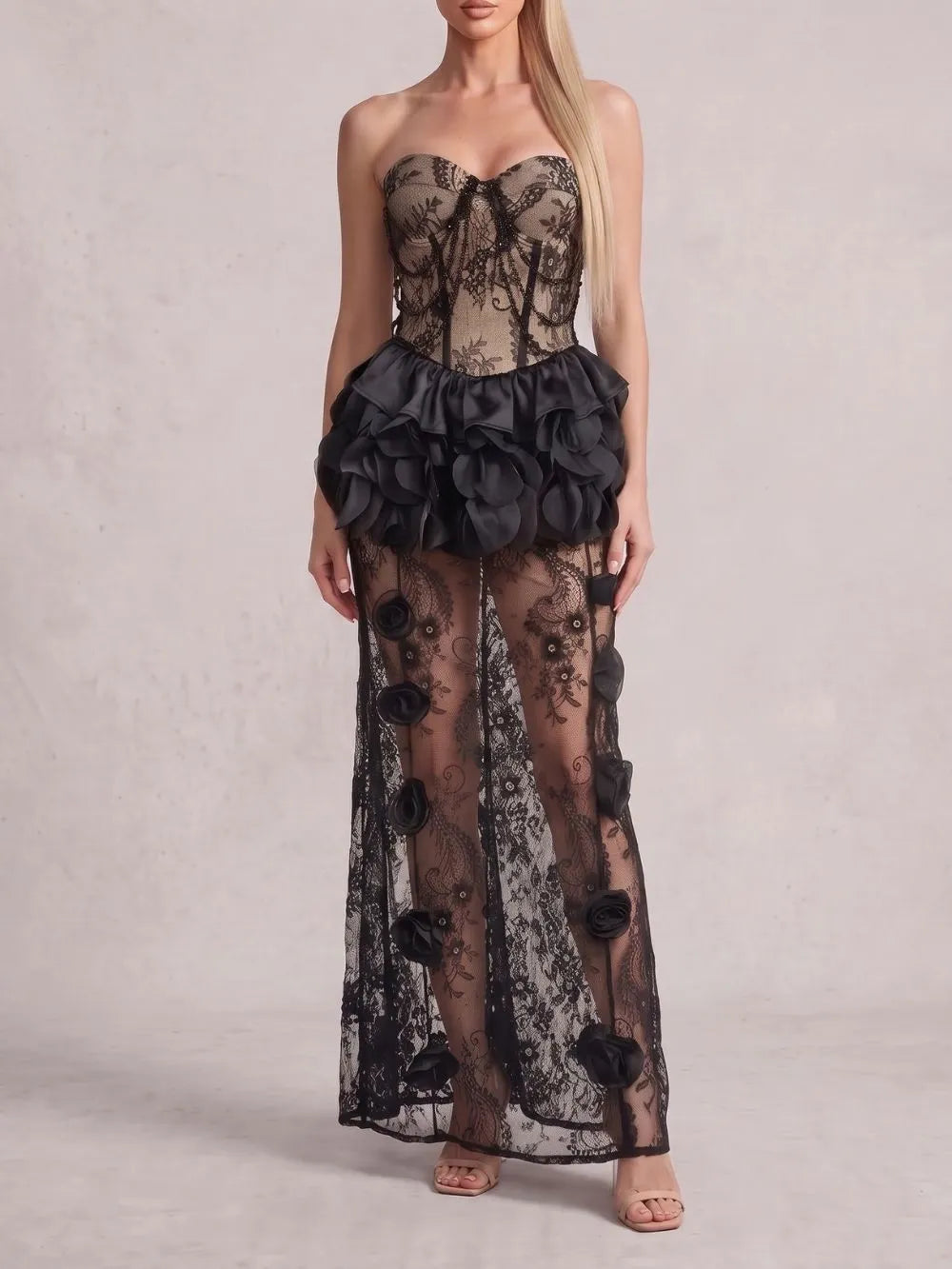 Strapless Petal Detail Lace Maxi Dress Black Flowering Girl