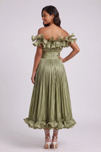 Olive Green Pleated Satin Or Taffeta Fit-And-Flare, Off-The-Shoulder Midi Dress Flowering Girl